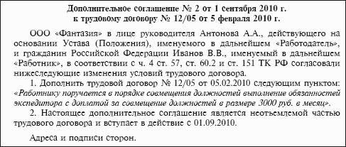 Дополнительное соглашение к трудовому договору о совмещении должностей в доу образец