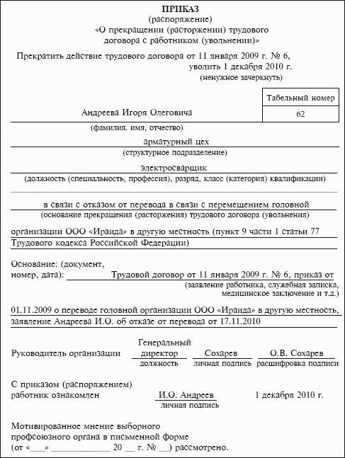 Образец приказа об увольнении в связи с переводом мужа в другую местность